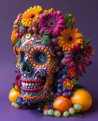 the skull of the dead with a bouquet of colorful flowers and leaves.