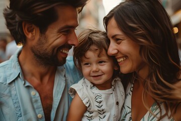 smiling parents walking with their little son in the city in summer vacation. generative AI