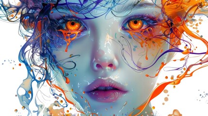 A beautiful woman with eyes like fire, hair made of water and liquid colors splattered on her face. A mysterious girl in the style of anime, with detailed facial features and expressive emotions