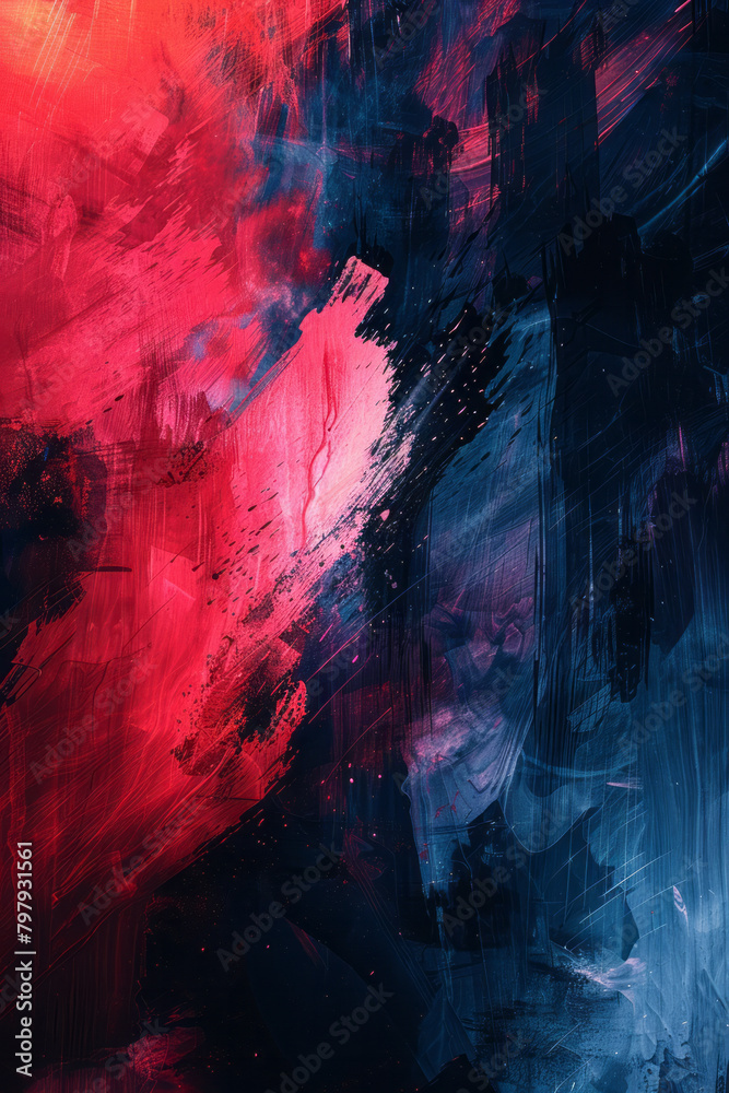 Poster an abstract expressionist design with broad, sweeping vector strokes in vibrant red and blue, clashi