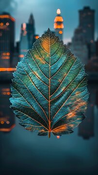 A single leaf floating in the air with a blurry city background.