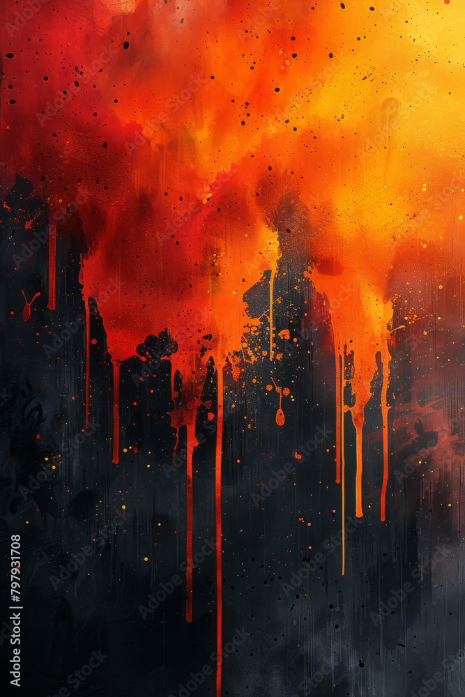 Aufkleber an energetic abstract painting using vector splatters and drips in a palette of fiery oranges and re