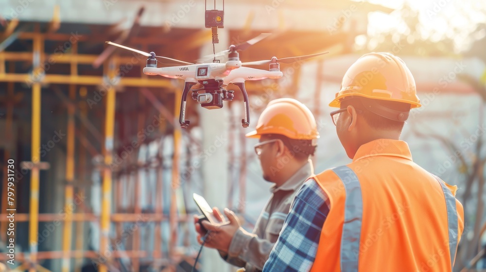 Poster Structural engineer and architect working with building crane transfer control at the outdoors construction site.