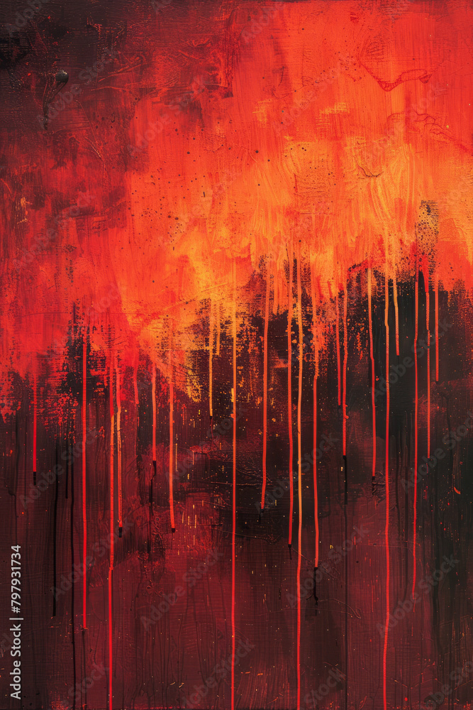 Leinwandbilder An energetic abstract painting using vector splatters and drips in a palette of fiery oranges and reds,