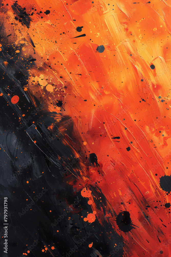 Fototapete An energetic abstract painting using vector splatters and drips in a palette of fiery oranges and reds,