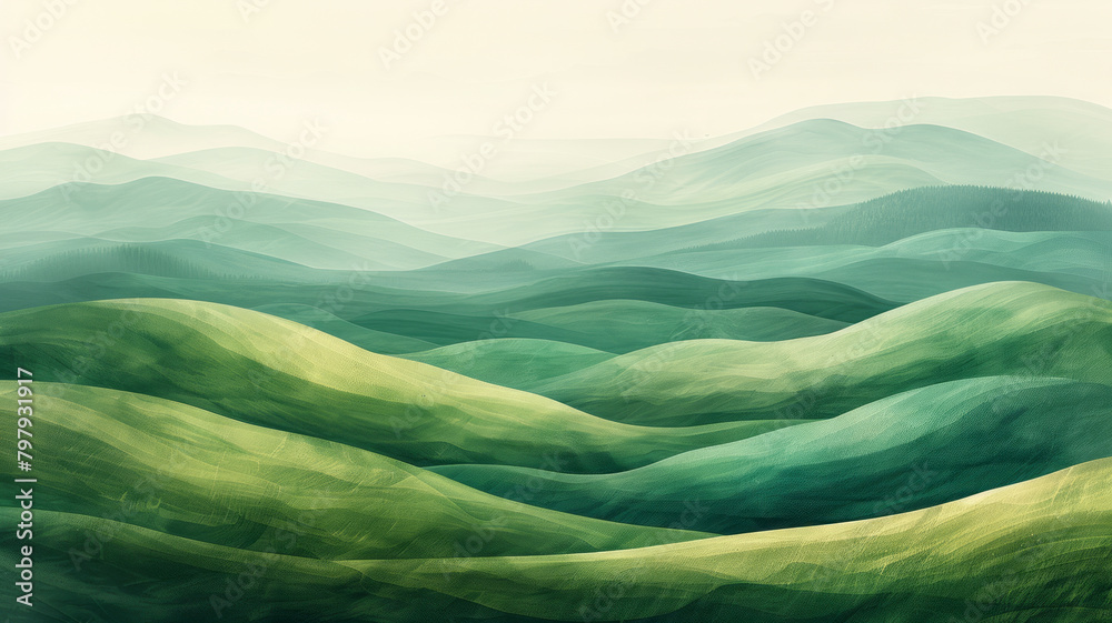 Poster an abstract landscape using horizontal vector sweeps in varying shades of green and brown, resemblin