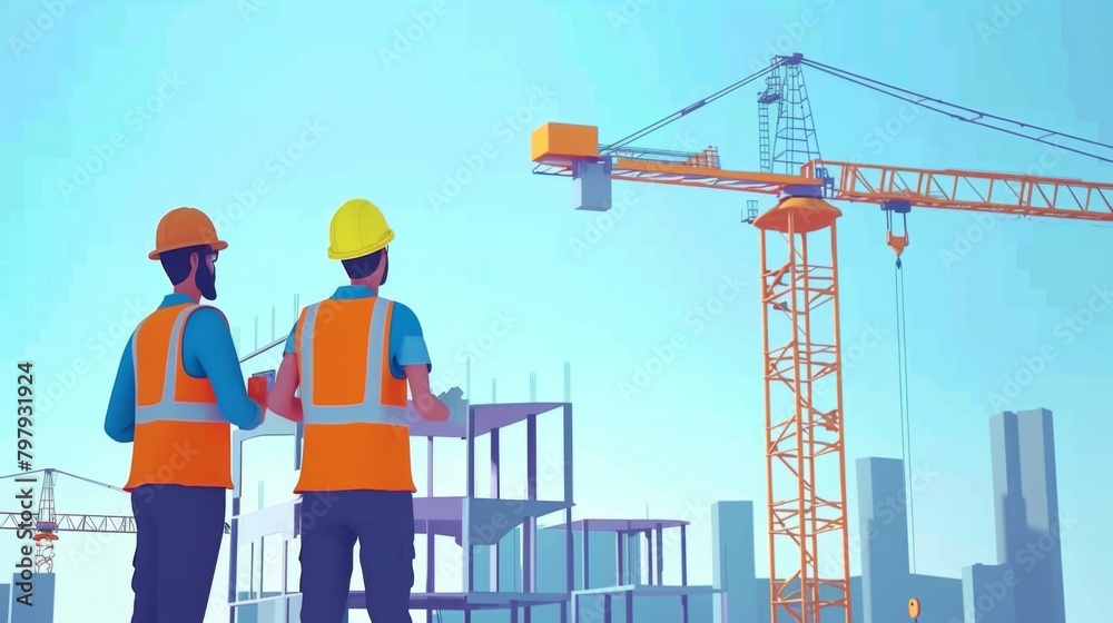 Aufkleber Structural engineer and architect working with building crane transfer control at the outdoors construction site.