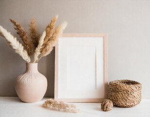 A frame standing on a table near the wall. Scandinavian interior in beige colors. ceramic vase with dry plants spikelets. Beautiful hygge mockup and background for painting presentation. Generative AI - 797931940