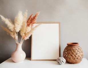 A frame standing on a table near the wall. Scandinavian interior in beige colors. ceramic vase with dry plants spikelets. Beautiful hygge mockup and background for painting presentation. Generative AI - 797932135