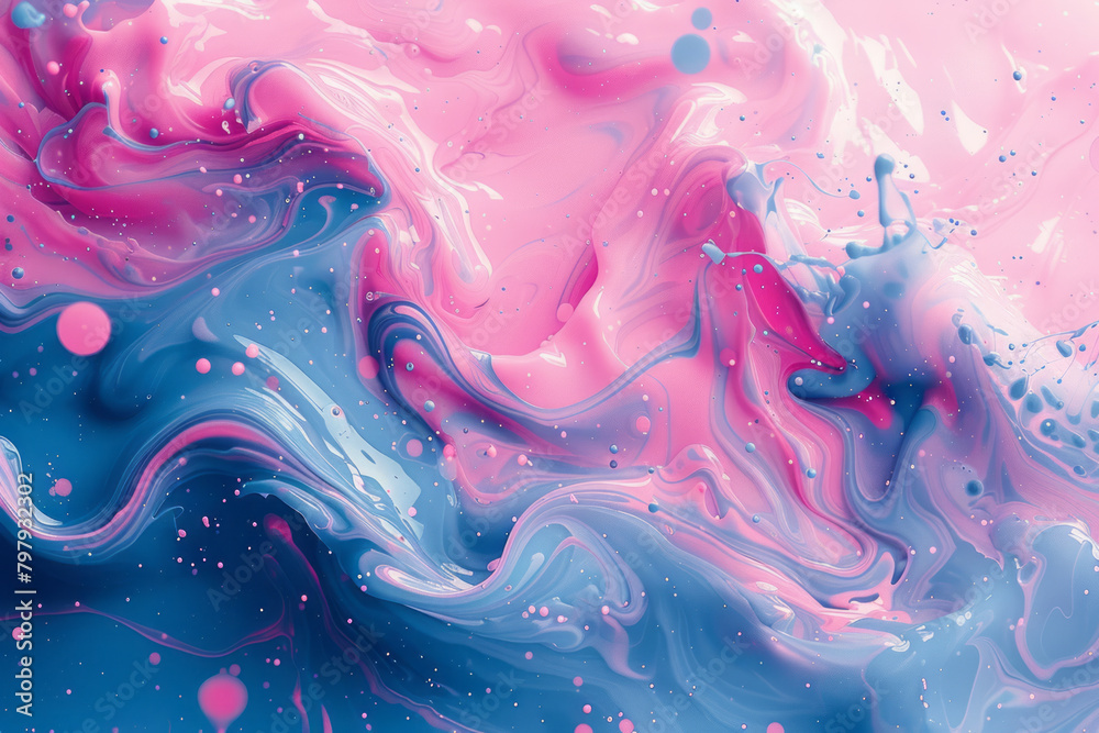 Poster a whimsical abstract piece with curving vector strokes and splatters in soft pinks and blues, creati