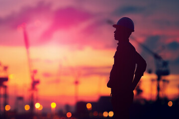 Silhouette of an engineer in industrial twilight