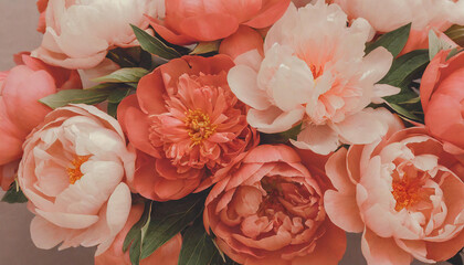 full frame peonies and leaves vintage corals colors. Vintage background with flower bouquet and empty space for text. Generative AI - 797932329