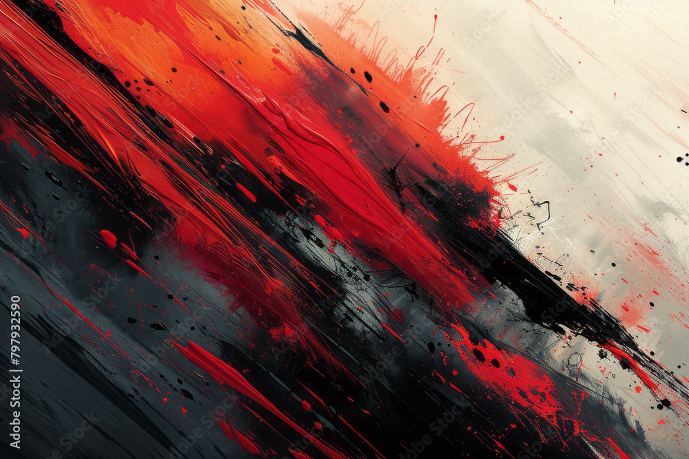 Fototapete an intense abstract piece with bold vector strokes slashing across the canvas in red and black,