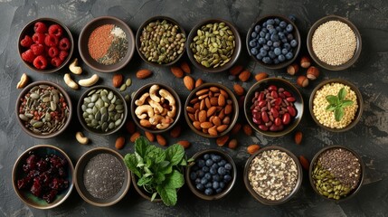 Superfoods Assortment on Dark grey Surface, Variety of healthy superfoods, nuts, seeds, fruits, and greens