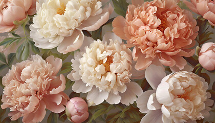 full frame peonies and leaves vintage corals colors. Vintage background with flower bouquet and empty space for text. Generative AI
