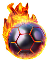 A soccer ball on fire, surrounded by waving flames, symbolizing the dynamic intensity and energy associated with the sport of soccer or football. 3D illustration