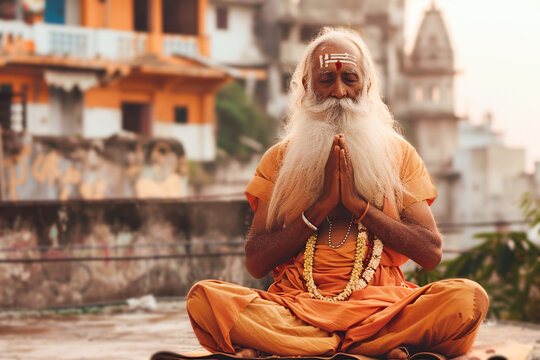 Indian elder man with white beard sitting in namaste position