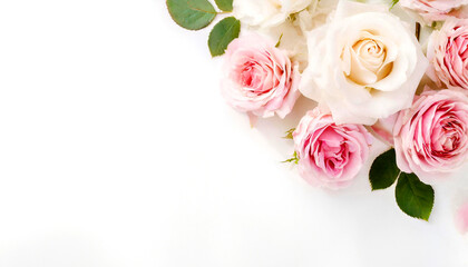 Beautiful bouquet with white and pink roses and petals, top view. Vintage background with flower bouquet and empty space for text. Generative AI - 797932998
