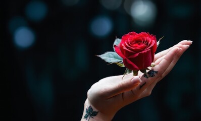 A woman's hand holding a beautiful rose in a dark background with copy space. 