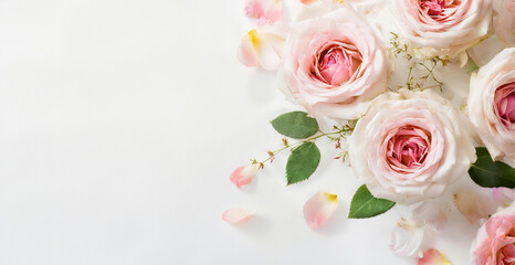 Beautiful bouquet with white and pink roses and petals, top view. Vintage background with flower bouquet and empty space for text. Generative AI
