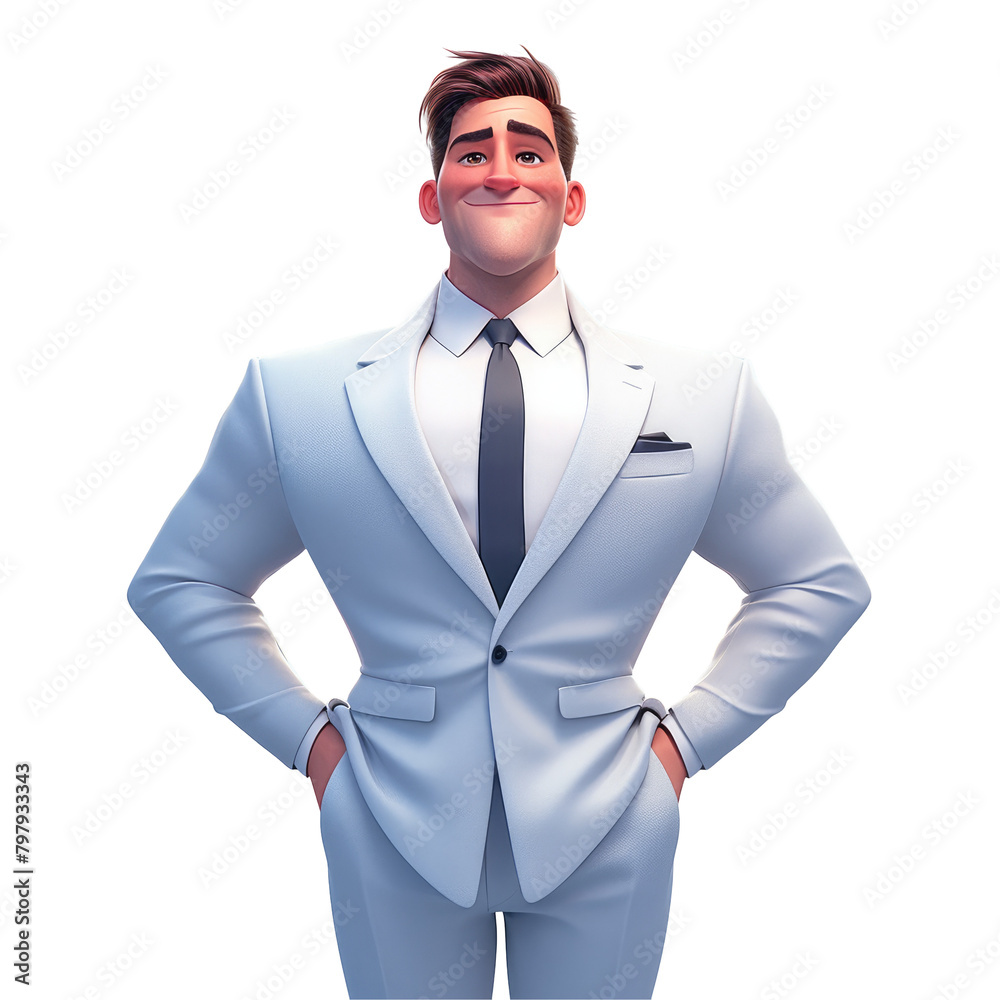 Wall mural a joyful and sophisticated business cartoon character dressed in a sleek white suit stands with a co