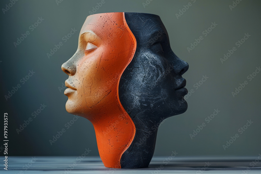 Poster a vector image of a vase that doubles as two faces in profile, exploring figure-ground perception,