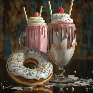 Dos malteadas con helado y una dona enorme,generadas por IA