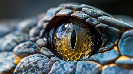Naklejka premium A close up of an eye made from blue honeycomb, the iris is yellow and it has a black pupil, the background color is dark grey with light gray accents, the structure on which the eyes stand