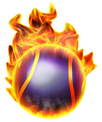 A tennis ball on fire, surrounded by waving flames, radiating with the dynamic intensity and energy of the sport of tennis. 3D illustration