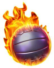 A volleyball ball on fire, surrounded by waving flames, symbolizing the dynamic intensity and energy associated with the sport of volleyball. 3D illustration