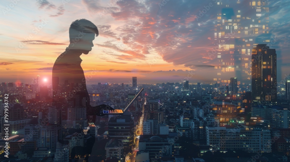 Poster the double exposure image of the businessman using a laptop computer during sunrise overlay with cit