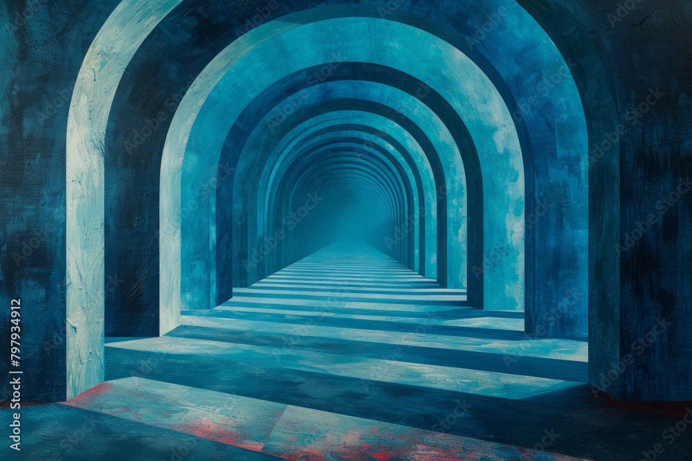 Aufkleber an artwork with vertical stripes that twist and turn into a kaleidoscopic tunnel of blues and greens