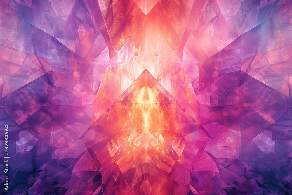 Poster a dynamic pattern where diagonal stripes intersect, forming a complex kaleidoscope of purples and pi