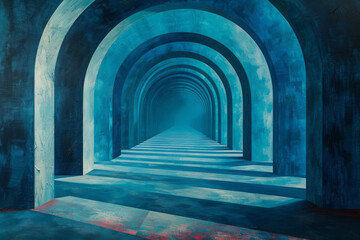 An artwork with vertical stripes that twist and turn into a kaleidoscopic tunnel of blues and greens,