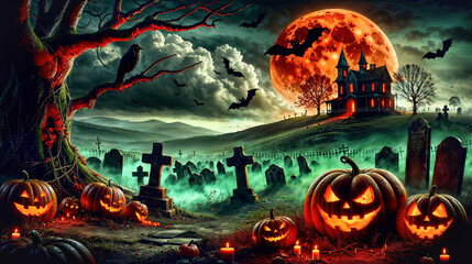 Halloween pumpkins, spooky graveyard, scary house on hill, blood moon and bats in sky.