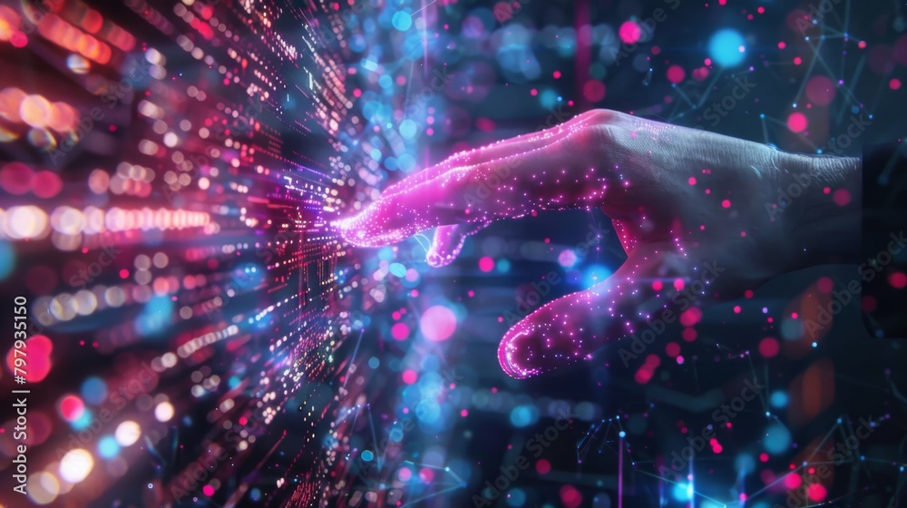 Poster The metaverse universe, concept. Digital neural network.Business man hand touching Introduction of artificial intelligence. Cyberspace of future.Science and innovation of technology.