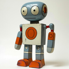 Toy robot standing on white surface with orange circle on chest, futuristic toy concept design