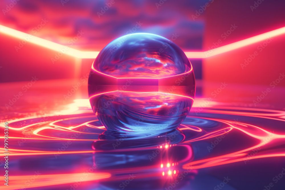 Leinwandbilder A futuristic graphic where luminous stripes bend around a virtual sphere, creating a 3D kaleidoscopic effect,