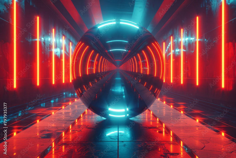 Poster a futuristic graphic where luminous stripes bend around a virtual sphere, creating a 3d kaleidoscopi