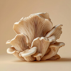 Assorted mushrooms of different shapes and sizes on a neutral beige background in 3D illusion