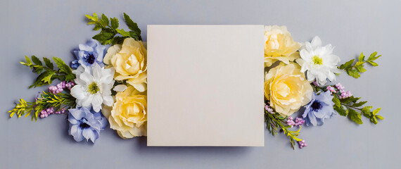 Beautiful Mock up composition of top view blank white sheet of paper with a frame of flowers. Mockup background with flower bouquet, blooming plants and empty space for text. Generative AI - 797935379