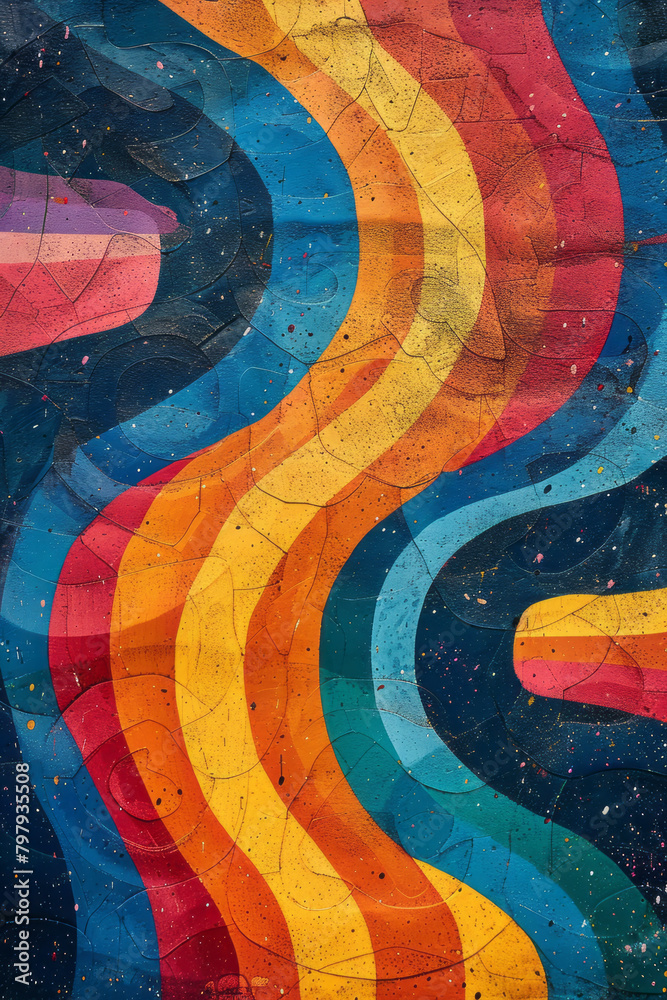 Aufkleber A lively artwork where energetic stripes bounce and intersect, forming playful patterns in primary colors,