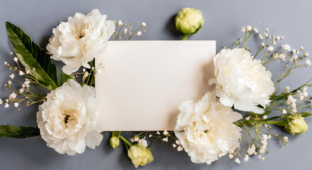 Beautiful Mock up composition of top view blank white sheet of paper with a frame of flowers. Mockup background with flower bouquet, blooming plants and empty space for text. Generative AI - 797935500