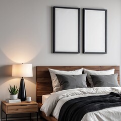 Poster frame mock up on the wall of bedroom interior background, interior mockup design, frame mockup