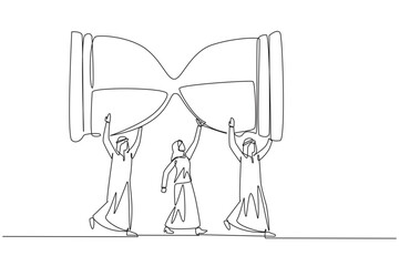 Continuous one line drawing a group of Arab businessmen and Arab businesswomen work together to carrying an hourglass. A reminder. Countdown. Classic. Single line draw design vector illustration