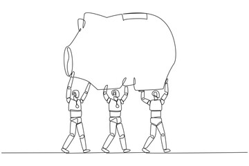 Single continuous line drawing group of robots work together carrying a piggy bank. Reminding the importance of investment. Not wasteful. Future technology concept. One line design vector illustration