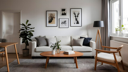 Round wood coffee table against white sofa. Scandinavian home interior design of modern living room.