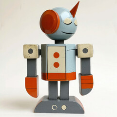 Wooden toy robot with red and orange head and gray body on white background