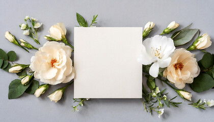Beautiful Mock up composition of top view blank white sheet of paper with a frame of flowers. Mockup background with flower bouquet, blooming plants and empty space for text. Generative AI - 797935934