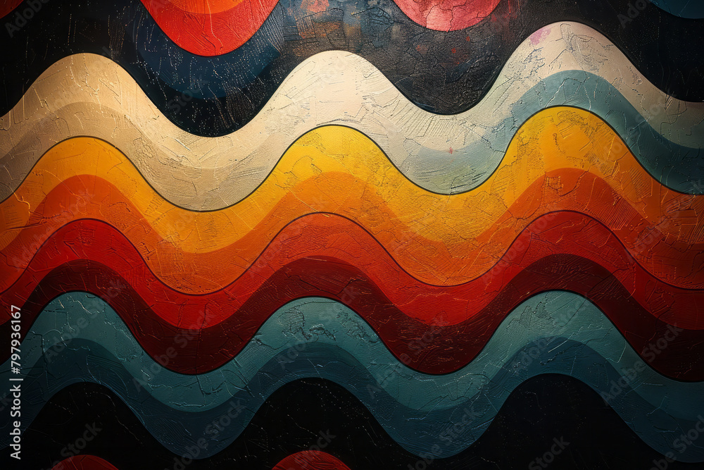 Poster a bold pattern with stripes that shift in color and thickness, creating a pulsating visual effect,